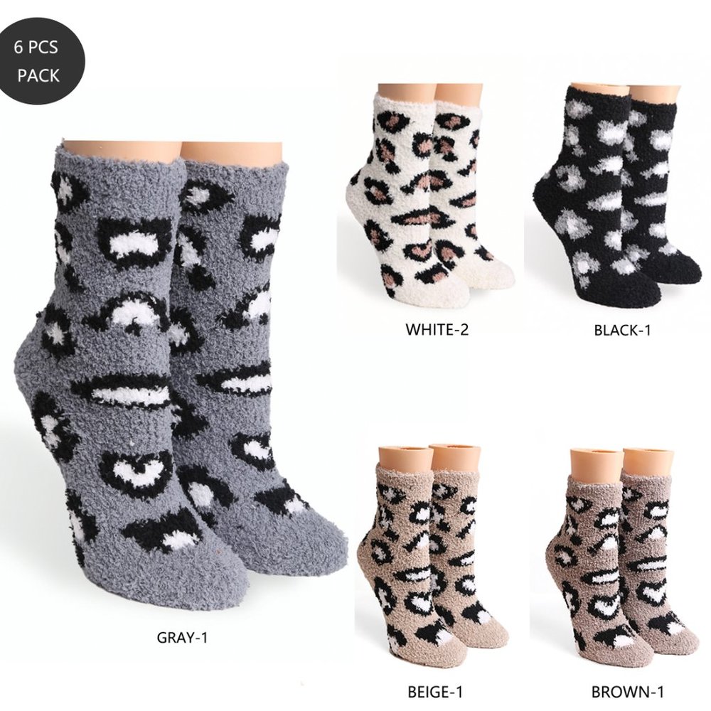 P/S 6 pairs Pack! Leopard Print Fuzzy/Soft/Cozy Mini-Crew Socks·Sleep·ComfyLuxe